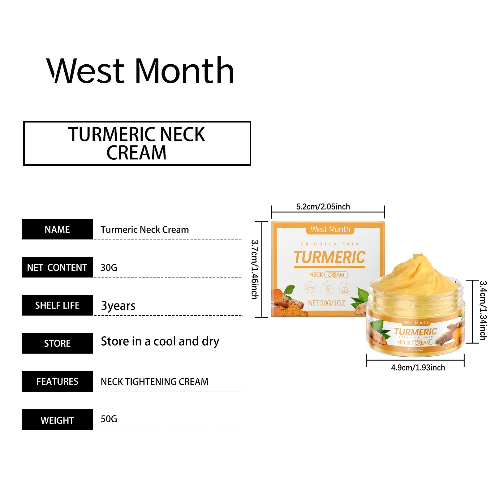 Turmeric Neck Cream for Firming and Brightening - West&Month 1 turmeric neck cream tighten improve dull brighten West Month 674 9604