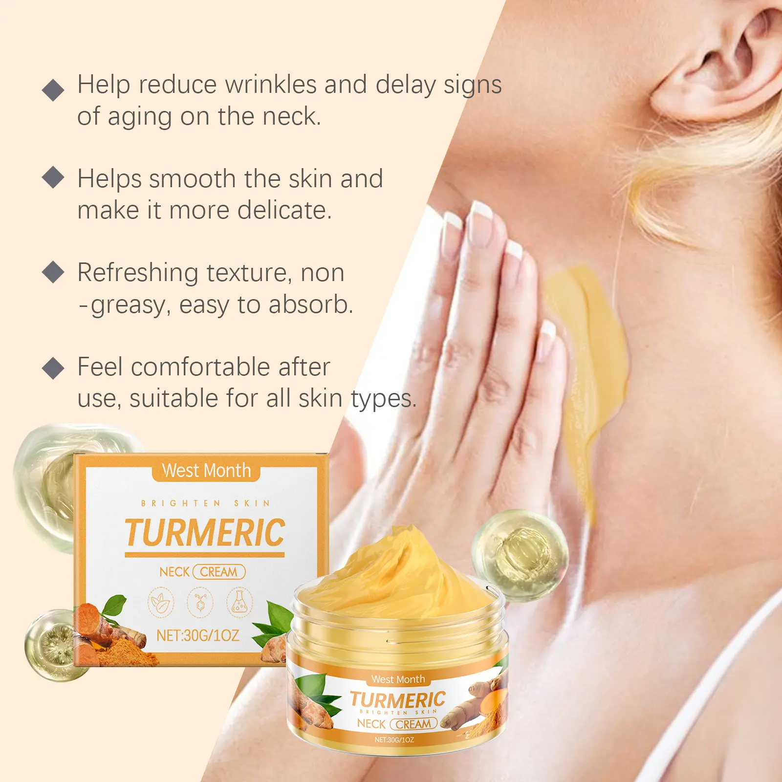 Turmeric Neck Cream for Firming and Brightening - West&Month 5 turmeric neck cream tighten improve dull brighten West Month 674 9605