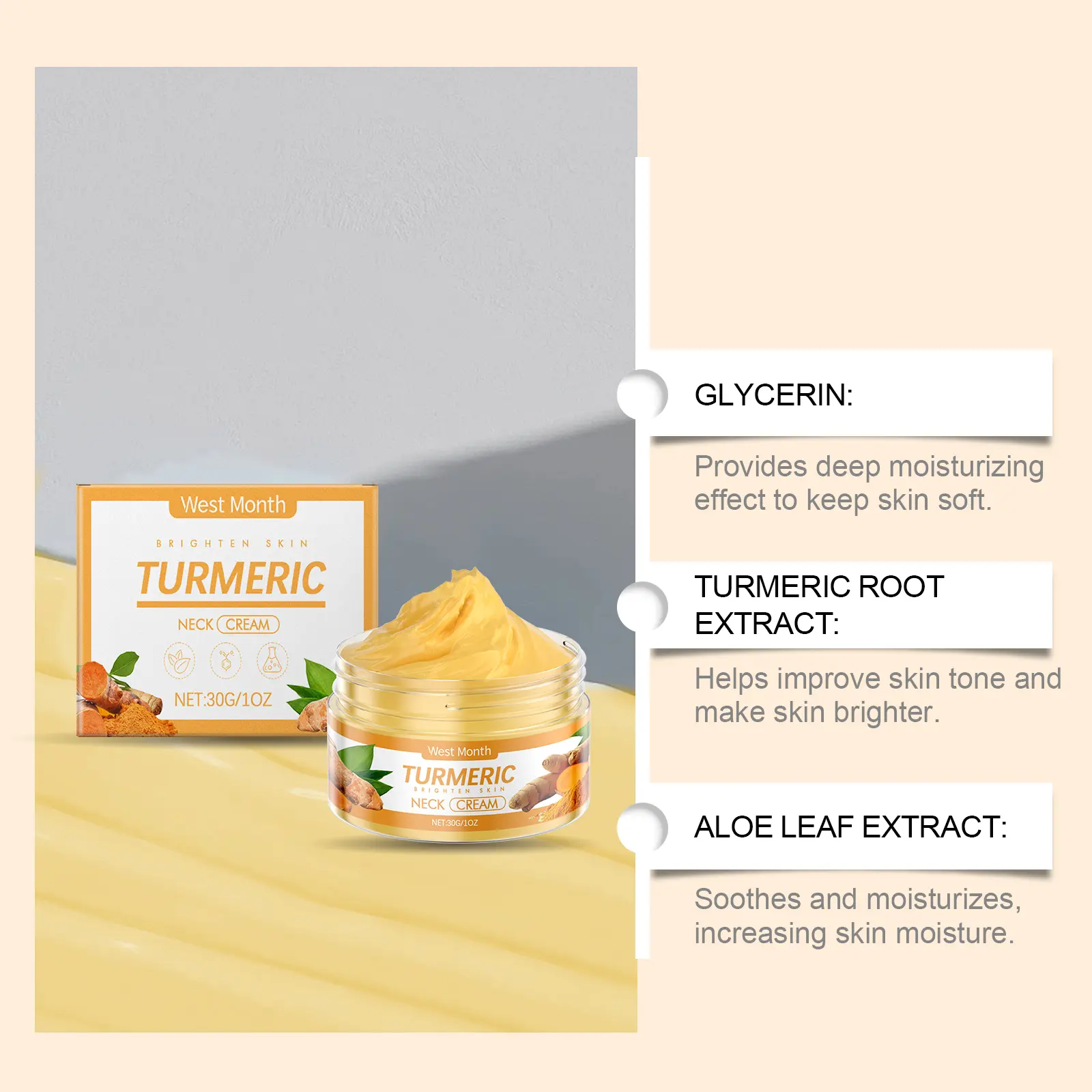 Turmeric Neck Cream for Firming and Brightening - West&Month 6 turmeric neck cream tighten improve dull brighten West Month 674 9606