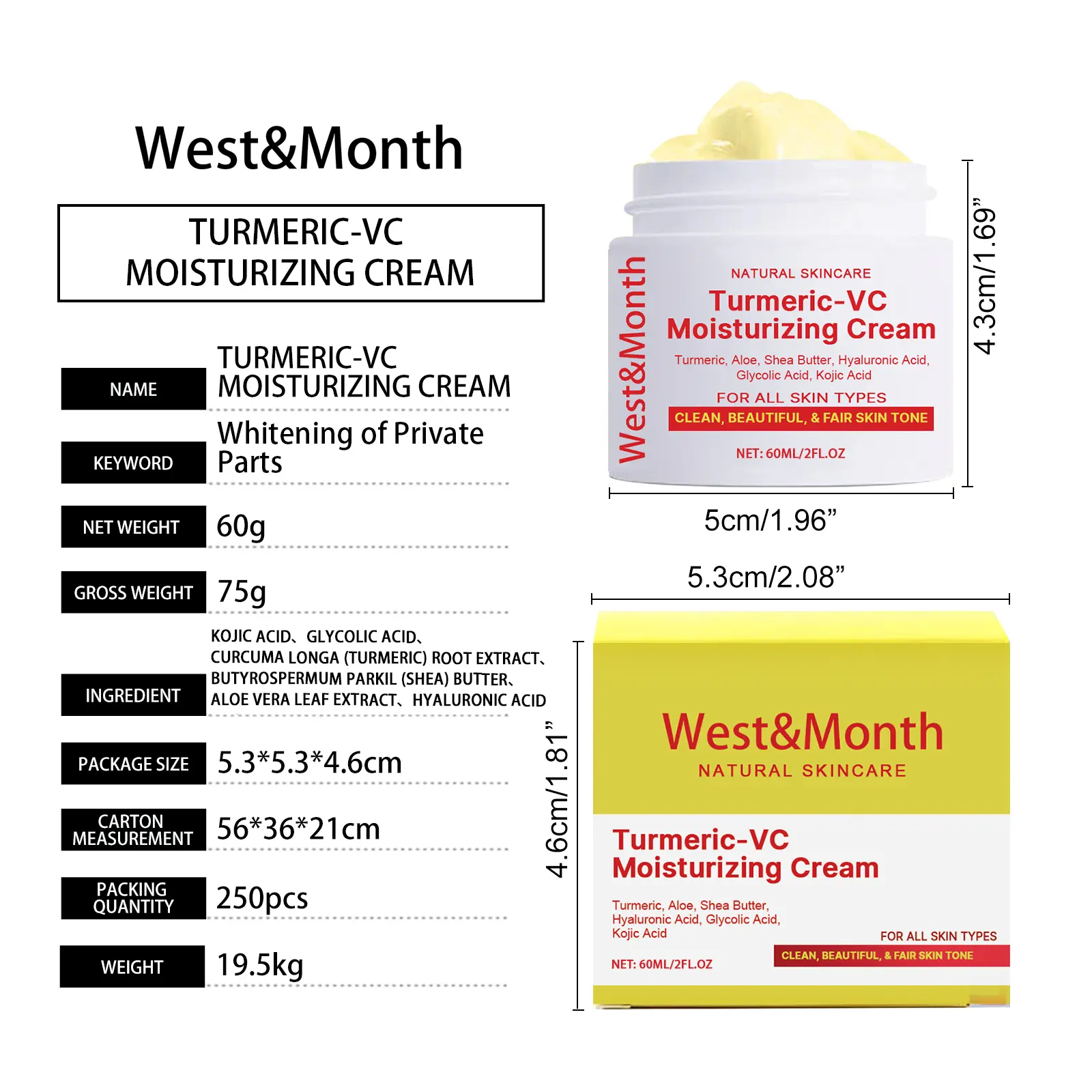 Turmeric Vitamin C Brightening Cream for Dark Spots - West&Month 1 turmeric vc whitening cream lighten dark West Month 222 3890