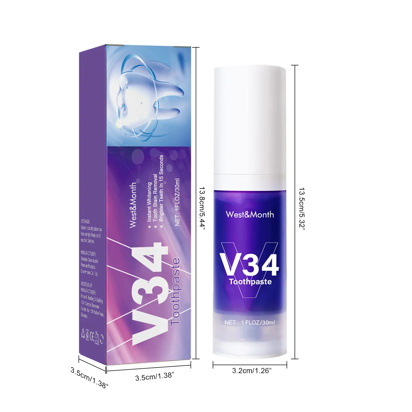 V34 Whitening Toothpaste for Teeth Brightening & Stain Removal - West&Month 1 v34 toothpaste whitening clean gums West Month 086 2180