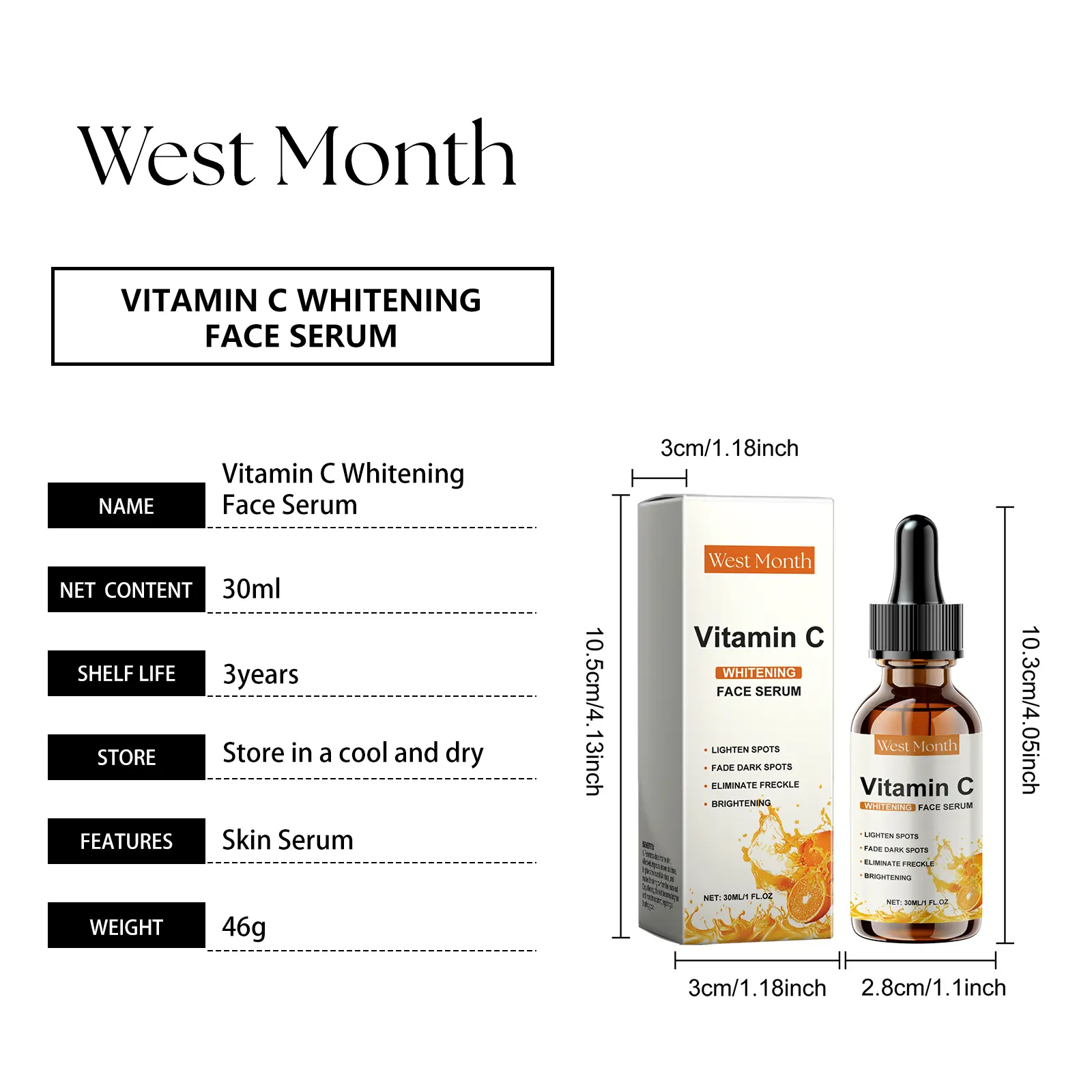 Vitamin C Face Serum for Brightening and Dark Spots - West&Month 1 vitamin c face serum moisturize brighten tender West Month 180 3365