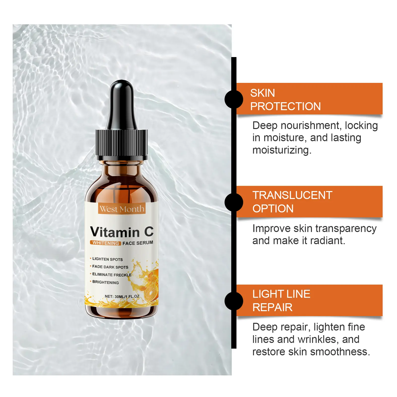 Vitamin C Face Serum for Brightening and Dark Spots - West&Month 8 vitamin c face serum moisturize brighten tender West Month 180 3372