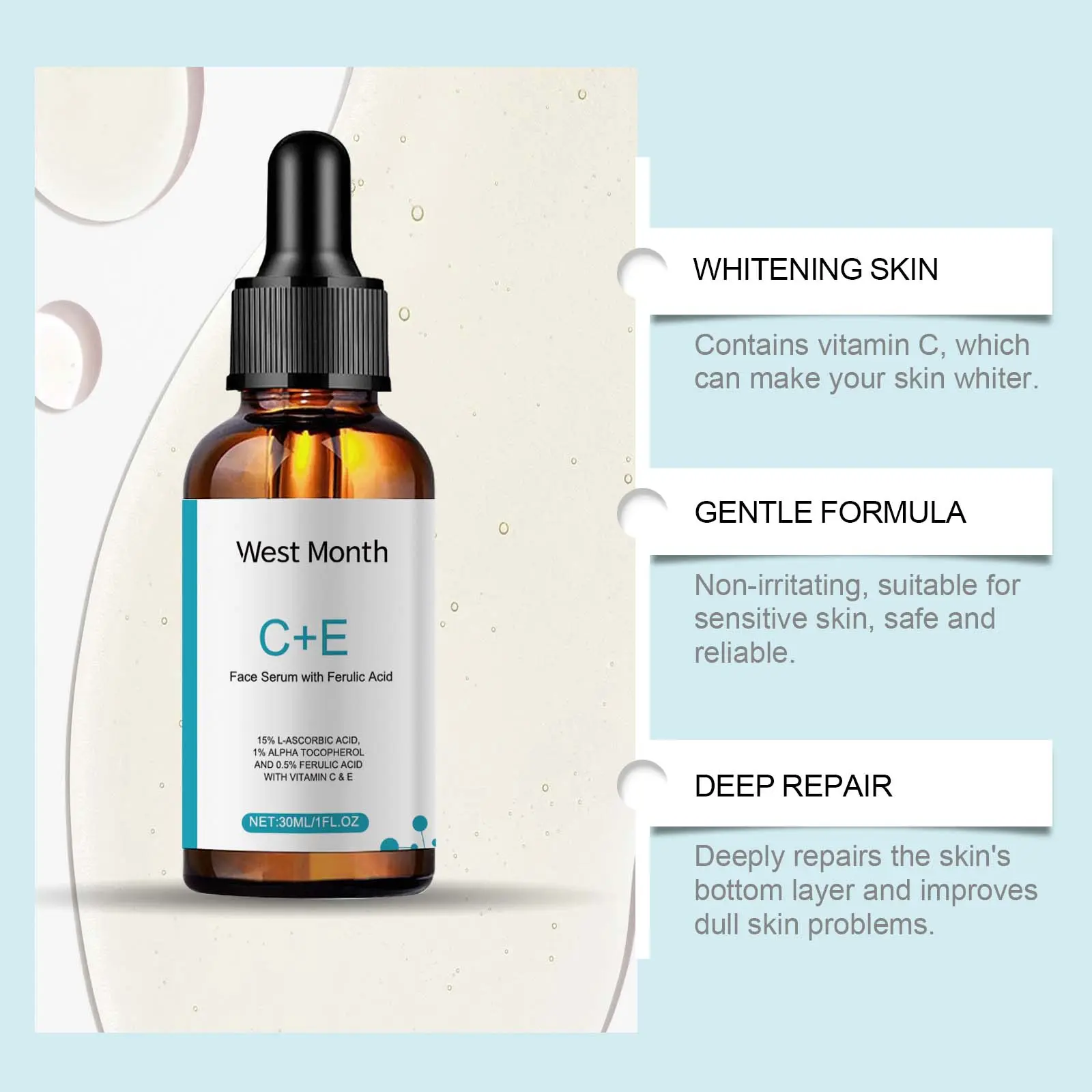 Vitamin C Facial Serum with Collagen & Ferulic Acid - West&Month 8 vitamin c serum moisturize brighten revitalize West Month 626 9119