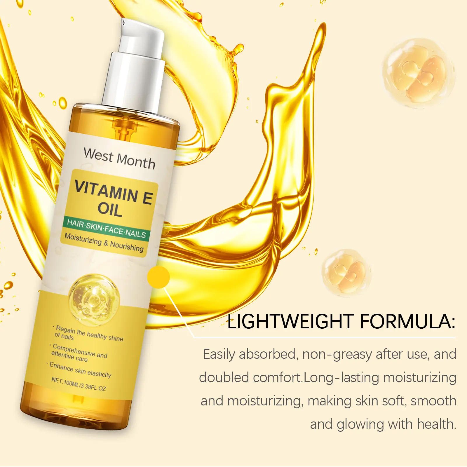 Vitamin E Body Oil for Hair, Skin & Nails - Nourishing Multi-Use Care - West&Month 8 vitamin e body oil nourish hair nails skin West Month 065 1920
