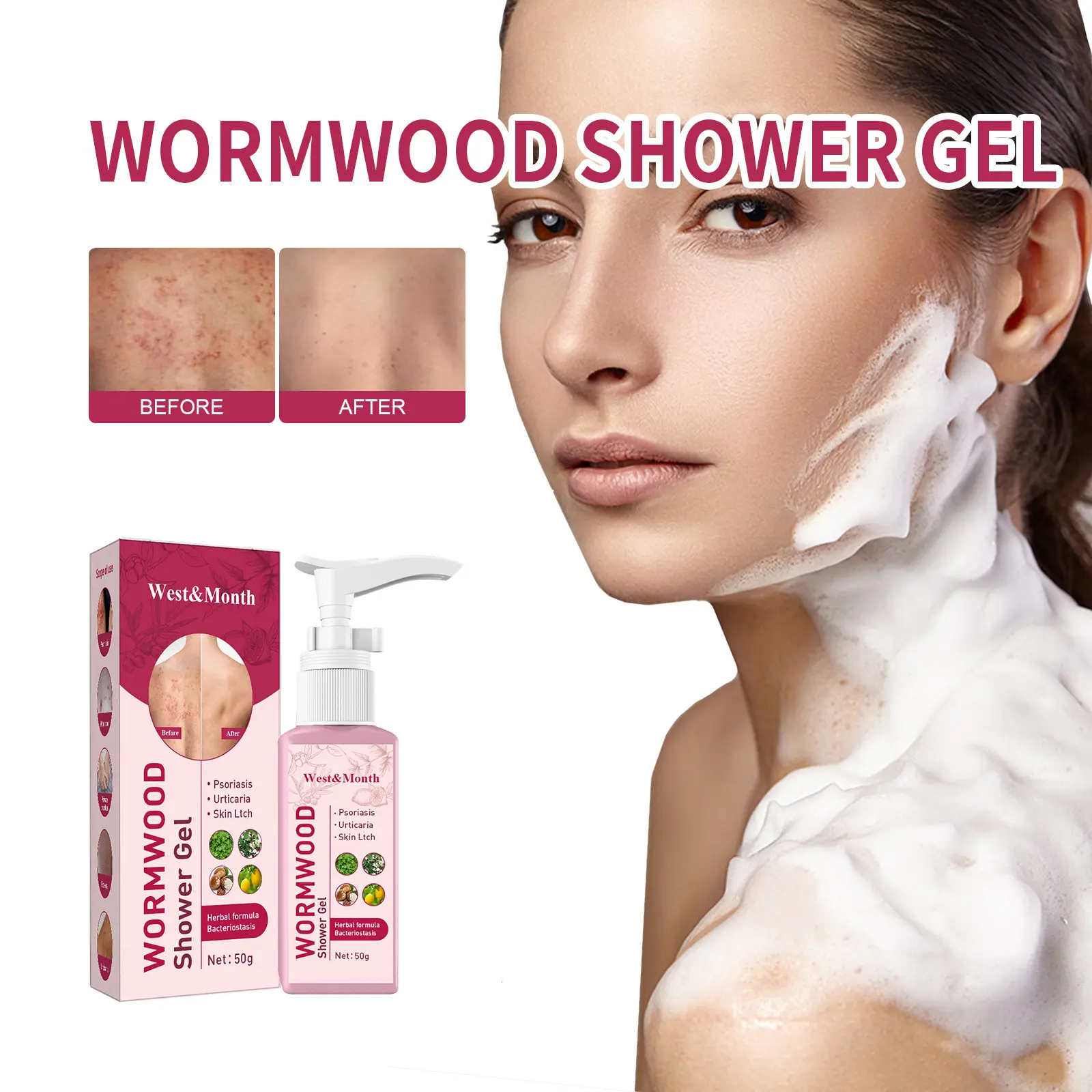 Wormwood Body Wash for Acne-Prone Skin - Moisturizing & Refreshing | West&Month 2 wormwood body wash clean acne moisturize refresh West Month 501 7668